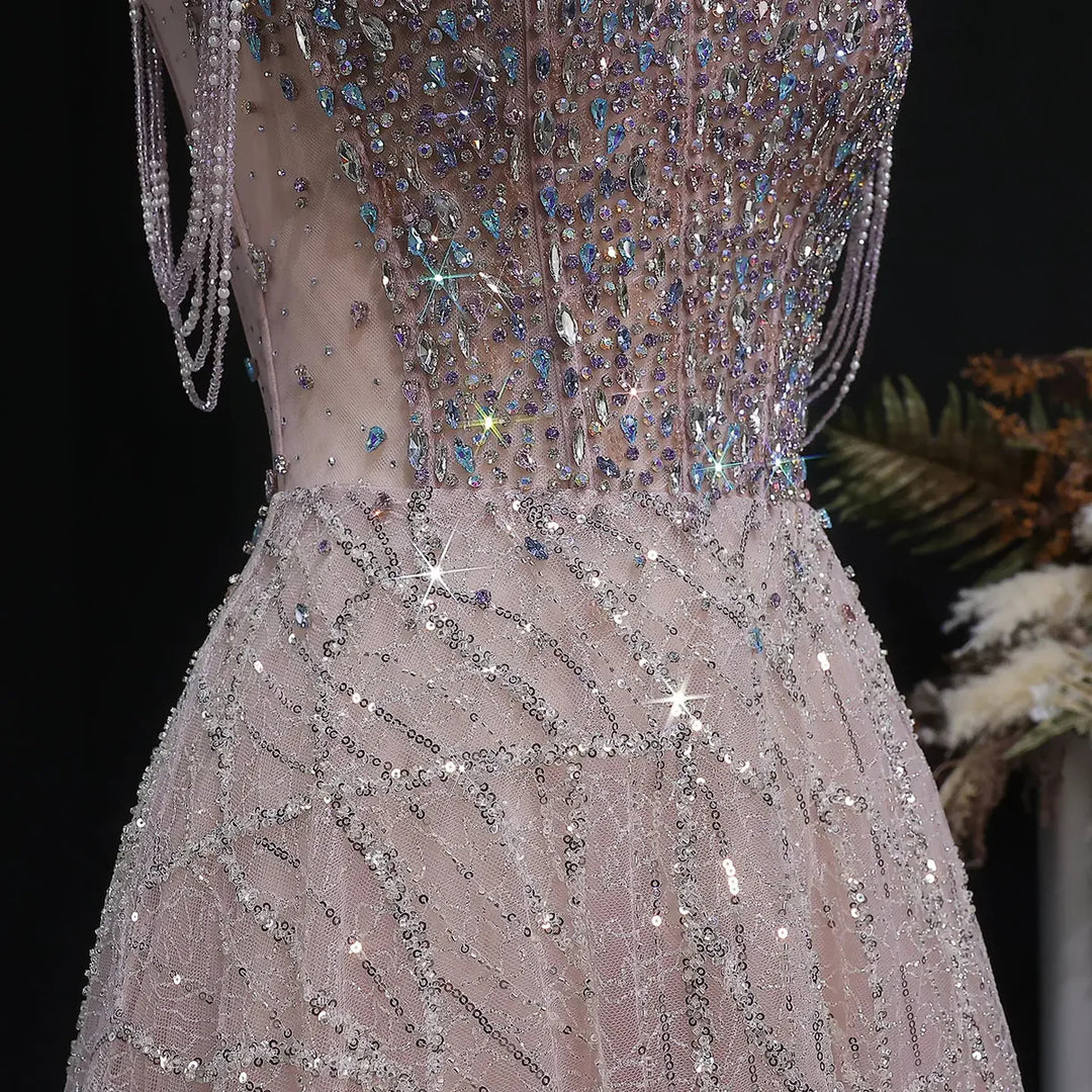 Luxury Pink Rhinestone Sequin Strapless Evening Gown SS744-DreamyVow