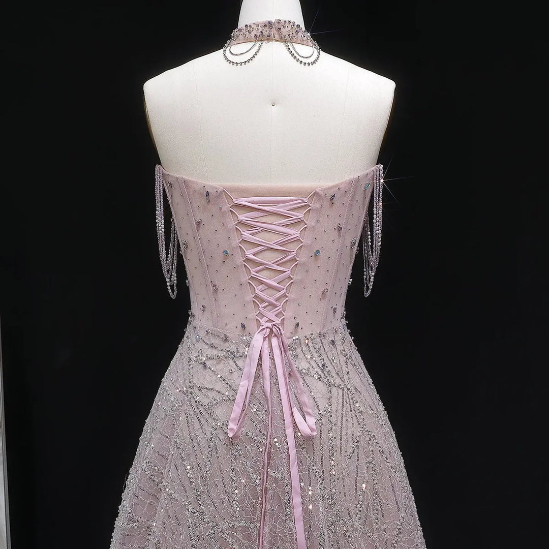 Luxury Pink Rhinestone Sequin Strapless Evening Gown SS744-DreamyVow