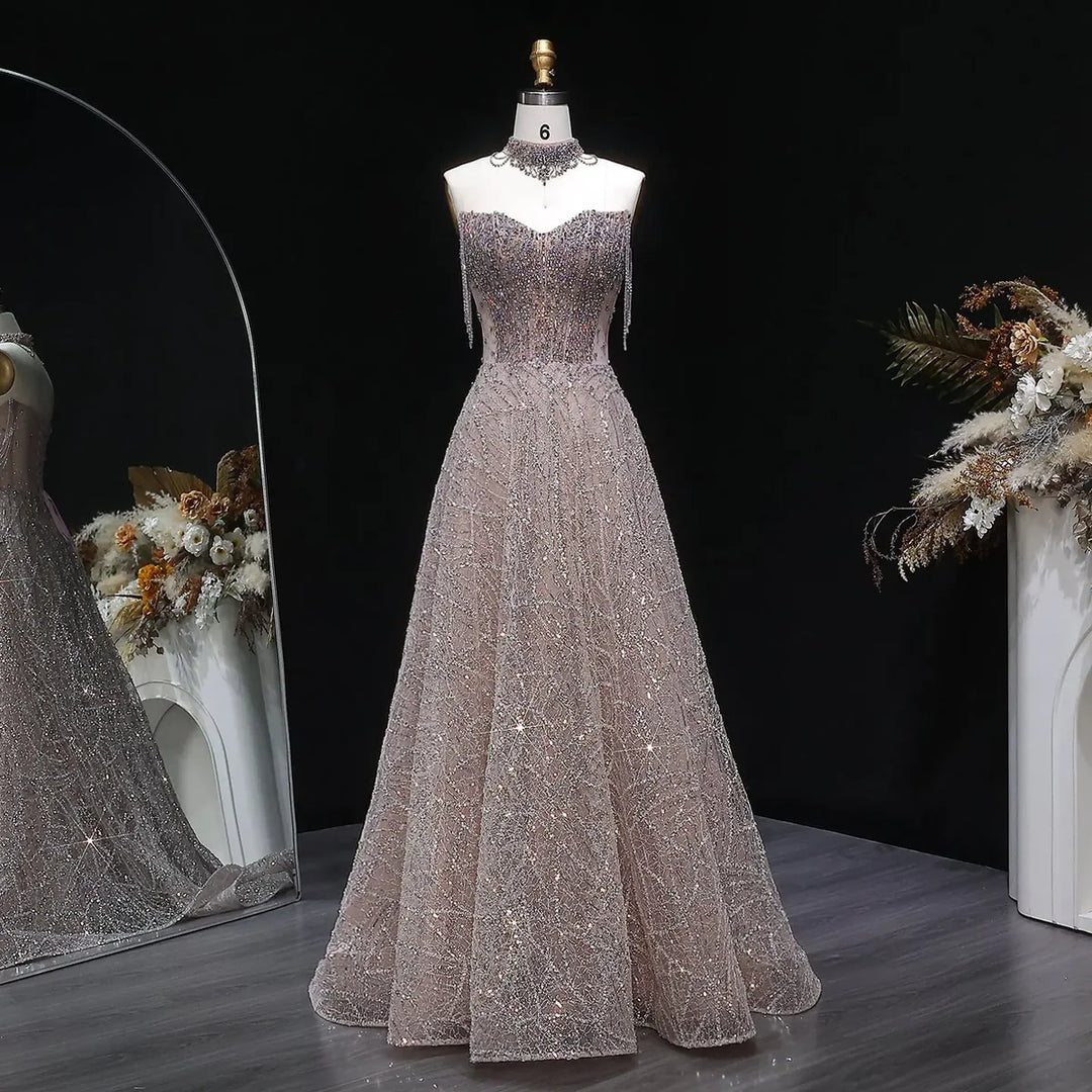 Luxury Pink Rhinestone Sequin Strapless Evening Gown SS744-DreamyVow
