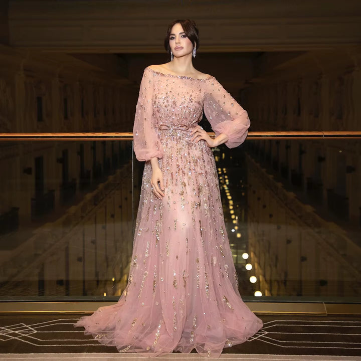 Luxury Pink Sequin Beaded Evening Gown with Elegant Bow SS230-DreamyVow