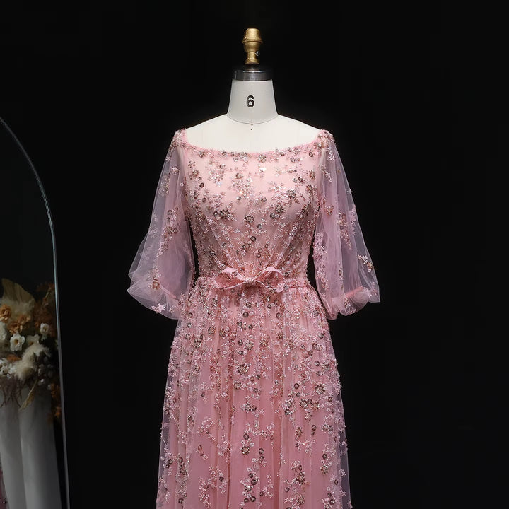 Luxury Pink Sequin Beaded Evening Gown with Elegant Bow SS230-DreamyVow