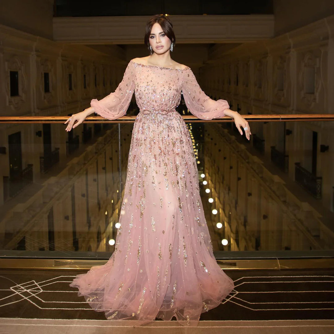 Pink Long Extravagant Evening Gowns Luxury Pink Sequin Rhinestone Shoulder Panel Prom Dress Pink Long Extravagant Evening Gowns Luxury Pink Sequin Rhinestone Shoulder Panel Prom Dress