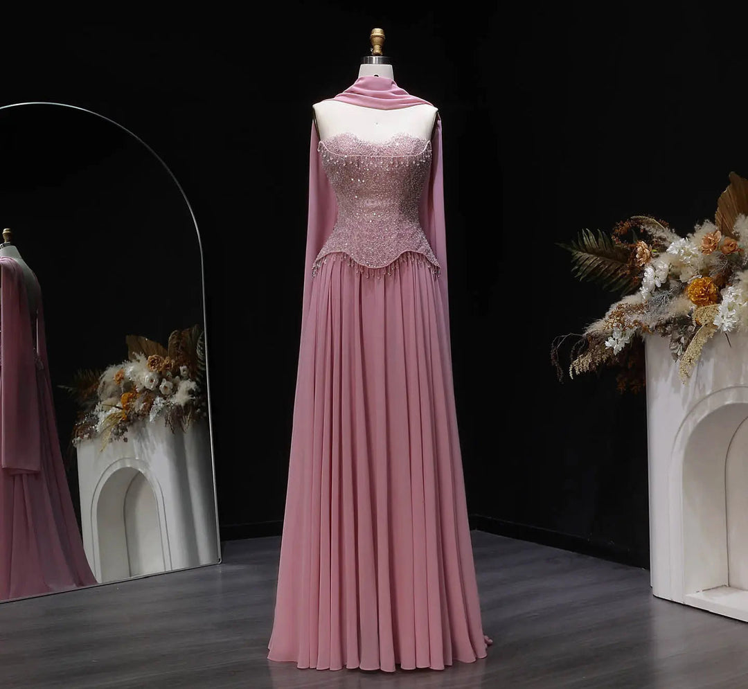 formal dress with shawl Luxury Pink Strapless Beaded Evening Dress with Shawl SS434