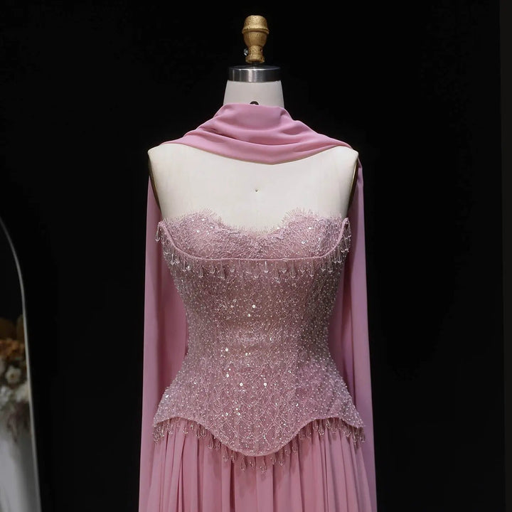 Luxury Pink Strapless Beaded Evening Dress with Shawl SS434-DreamyVow