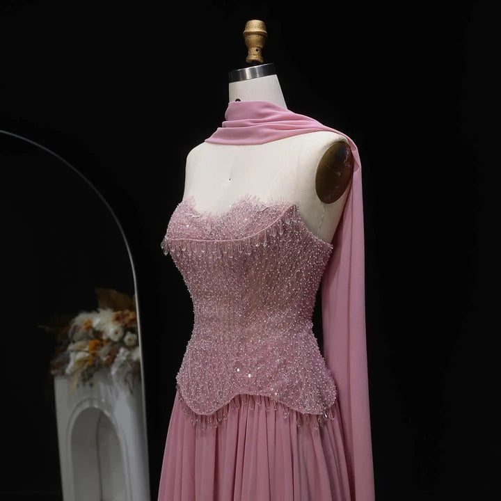 Luxury Pink Strapless Beaded Evening Dress with Shawl SS434-DreamyVow