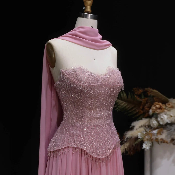 Luxury Pink Strapless Beaded Evening Dress with Shawl SS434-DreamyVow