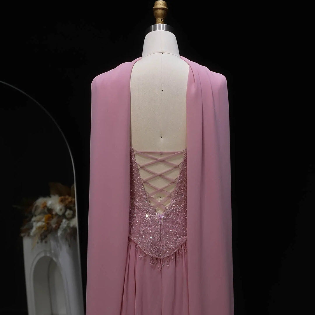 Luxury Pink Strapless Beaded Evening Dress with Shawl SS434 – DreamyVow
