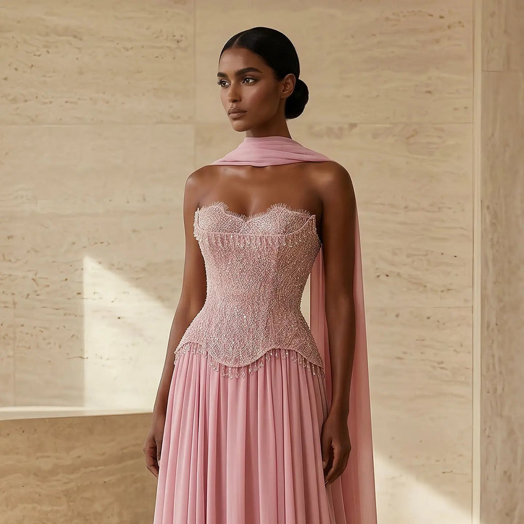 Luxury Pink Strapless Beaded Evening Dress with Shawl SS434-DreamyVow