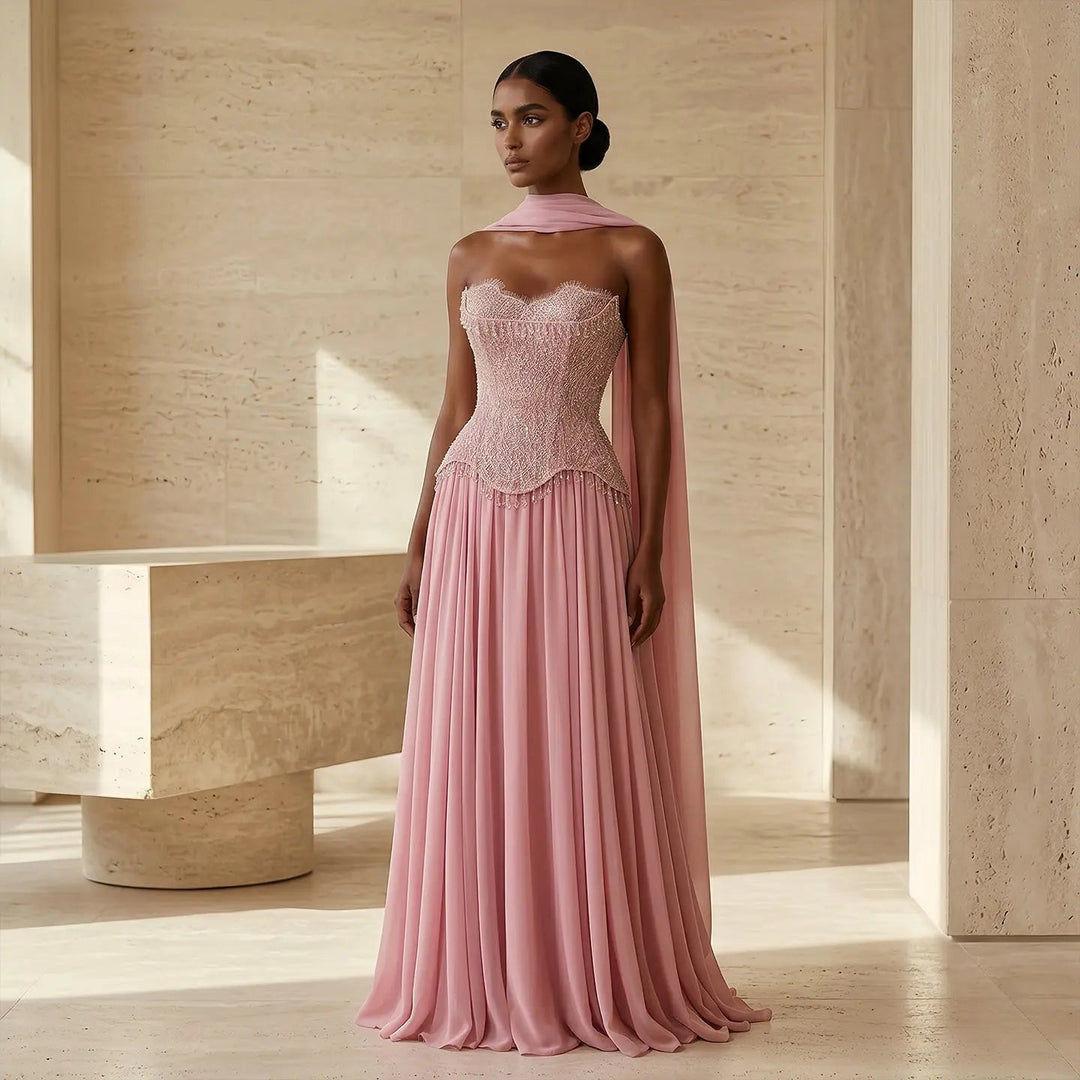 Luxury Pink Strapless Beaded Evening Dress with Shawl SS434-DreamyVow