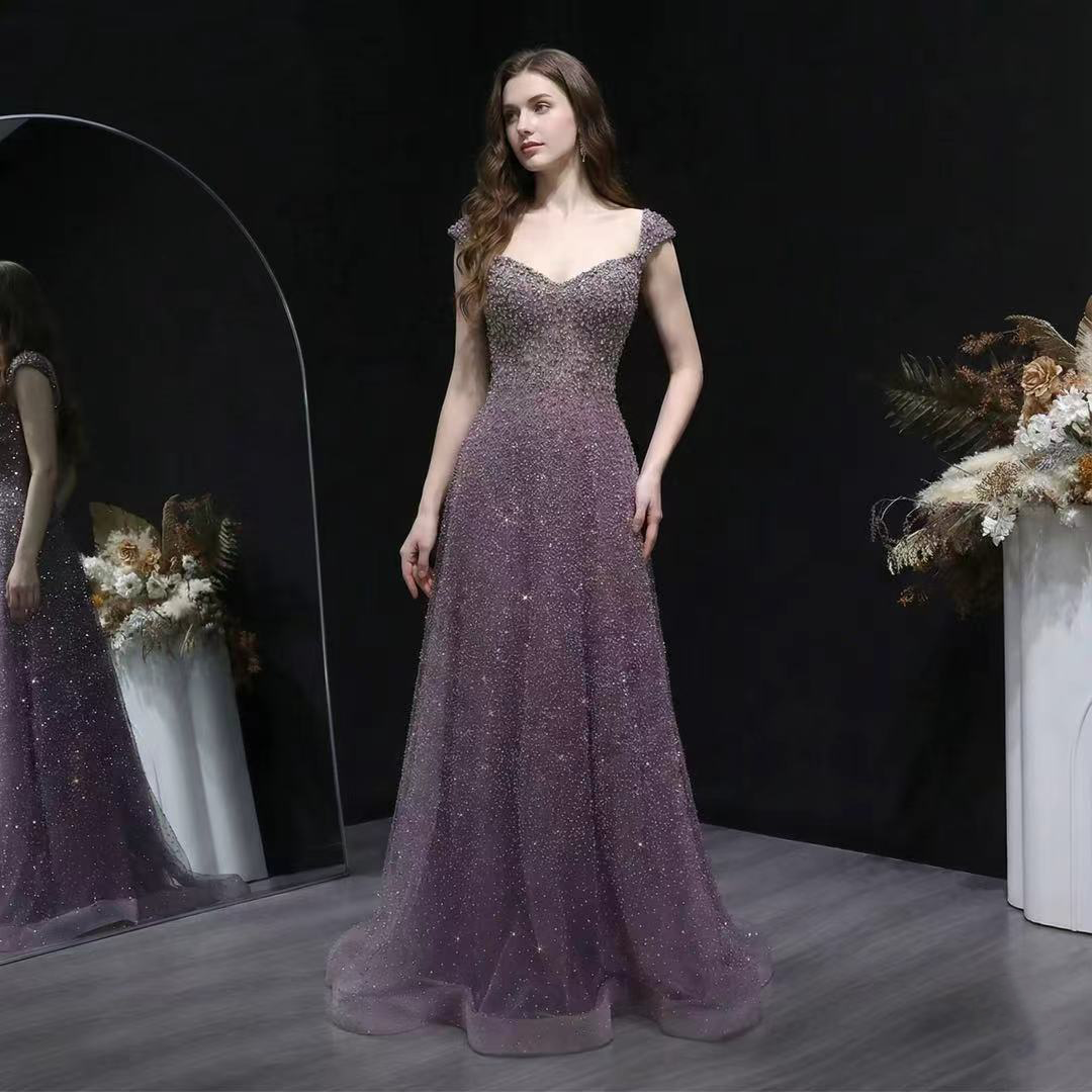 Luxury Purple Sequin Crystal A Line Evening Gown SS703-DreamyVow
