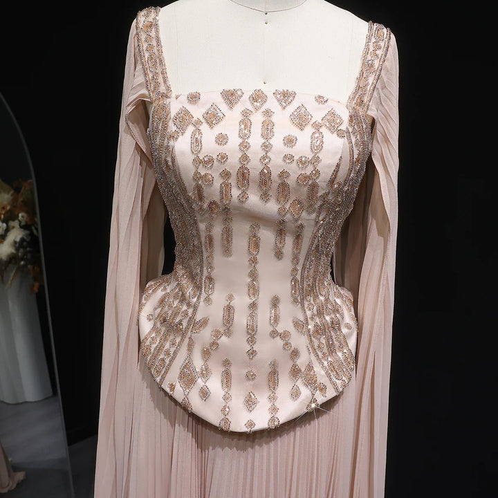 Luxury Red Beaded Corset Flowing Cape Sleeves Evening Dress SS349-DreamyVow