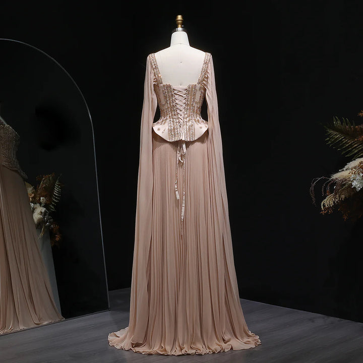 Luxury Red Beaded Corset Flowing Cape Sleeves Evening Dress SS349-DreamyVow
