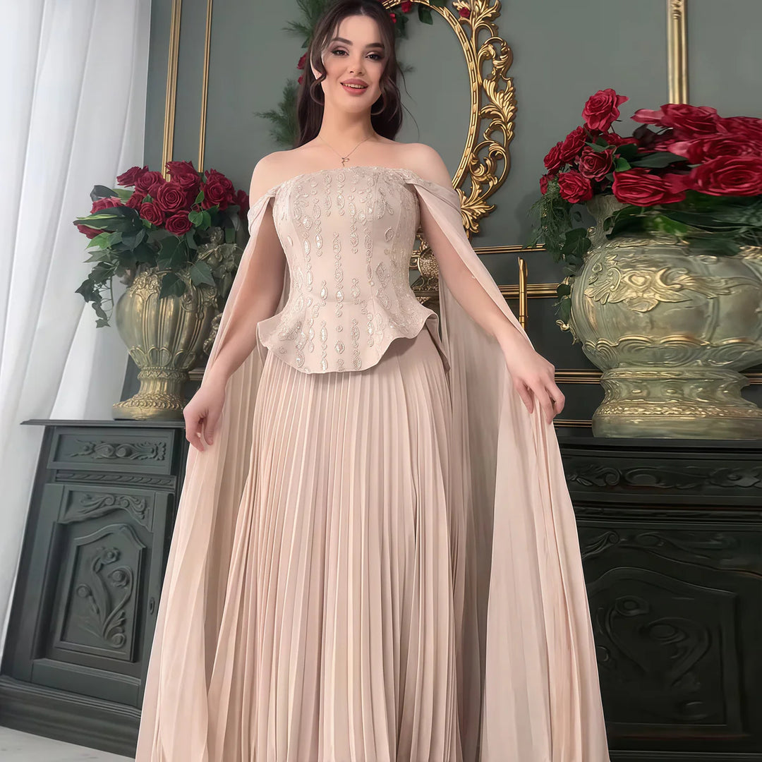 Luxury Red Beaded Corset Flowing Cape Sleeves Evening Dress SS349-DreamyVow