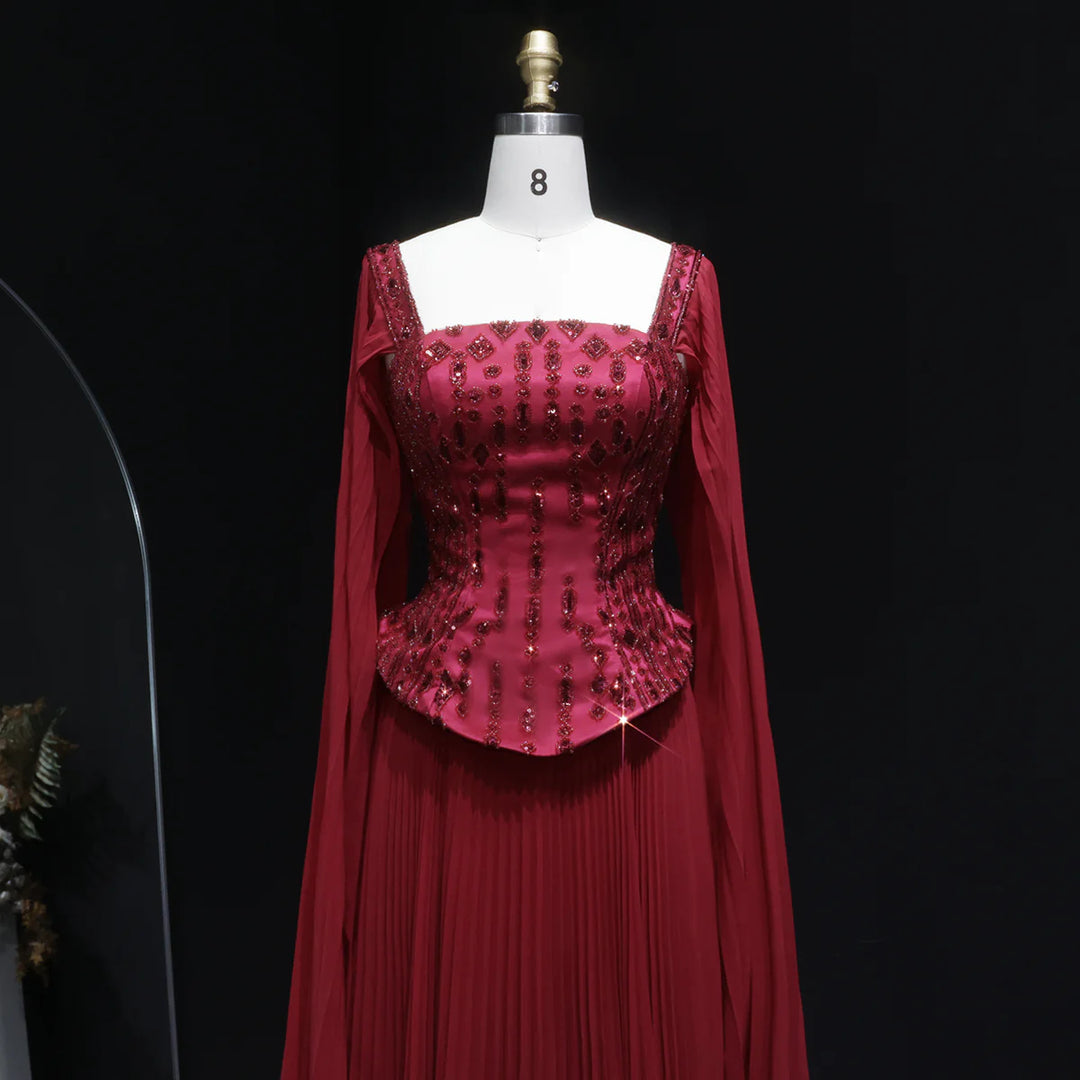 Luxury Red Beaded Corset Flowing Cape Sleeves Evening Dress SS349-DreamyVow