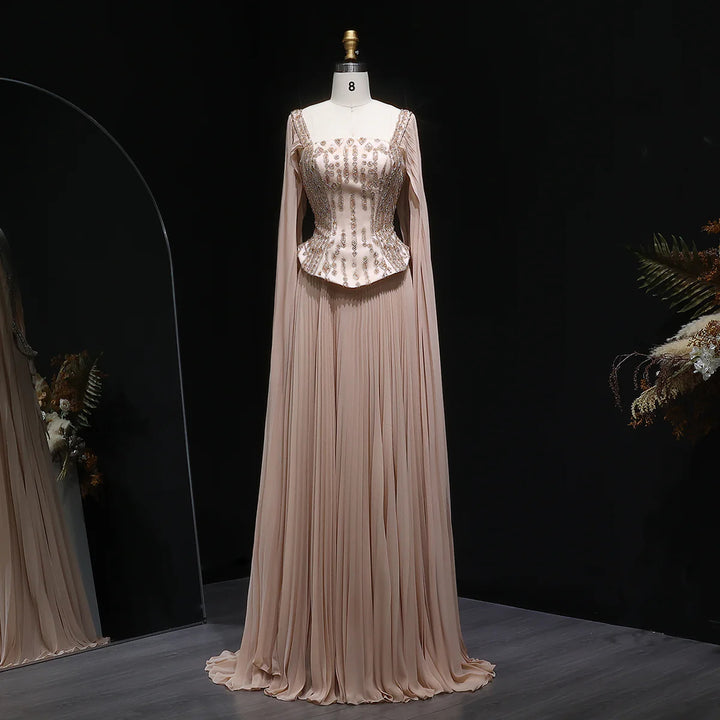 Luxury Red Beaded Corset Flowing Cape Sleeves Evening Dress SS349-DreamyVow