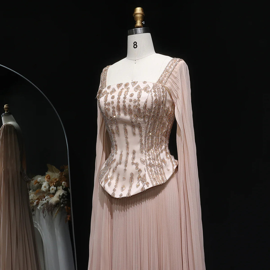 Luxury Red Beaded Corset Flowing Cape Sleeves Evening Dress SS349-DreamyVow