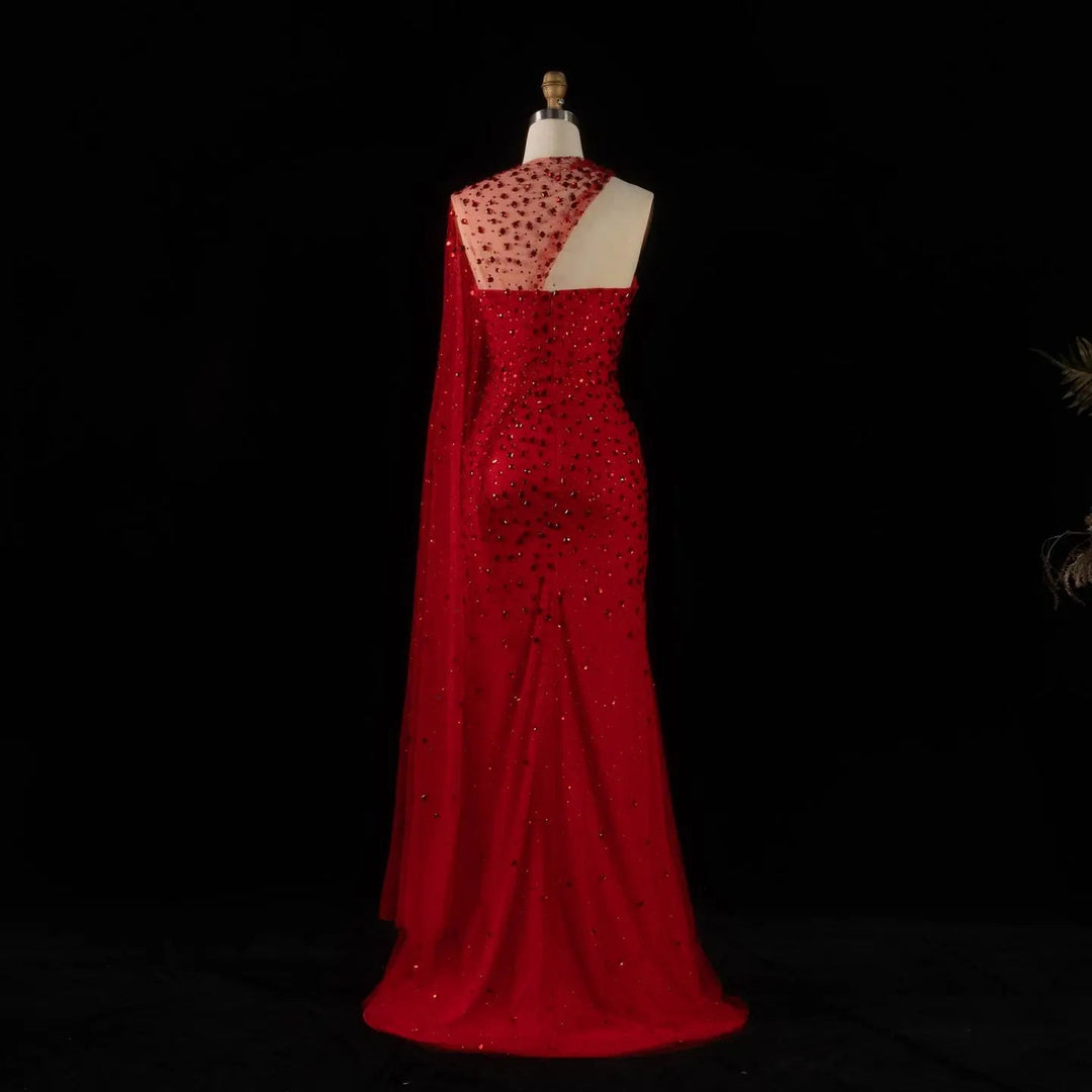 Luxury Red One-Shoulder Beaded Evening Dress with Sheer Cape SS711-DreamyVow