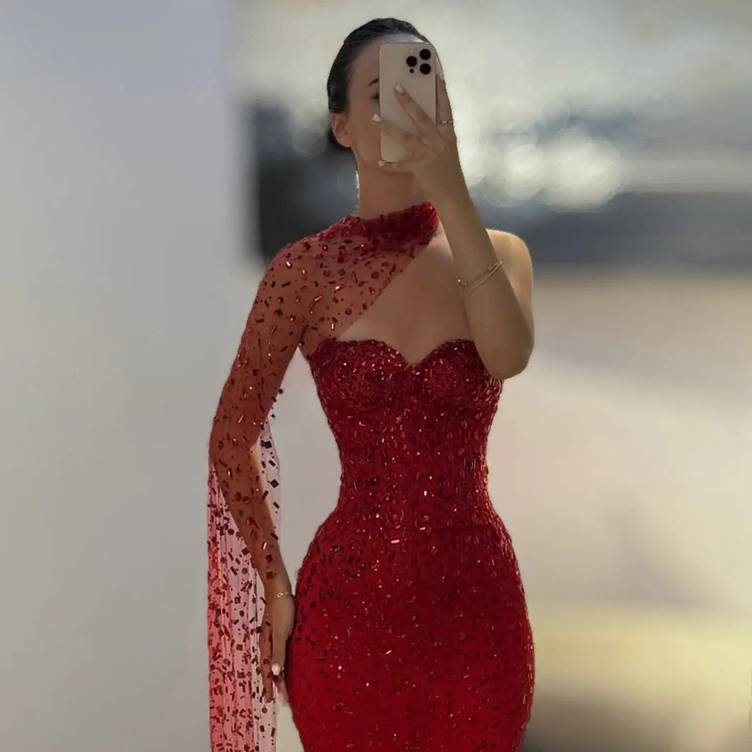 Luxury Red One-Shoulder Beaded Evening Dress with Sheer Cape SS711