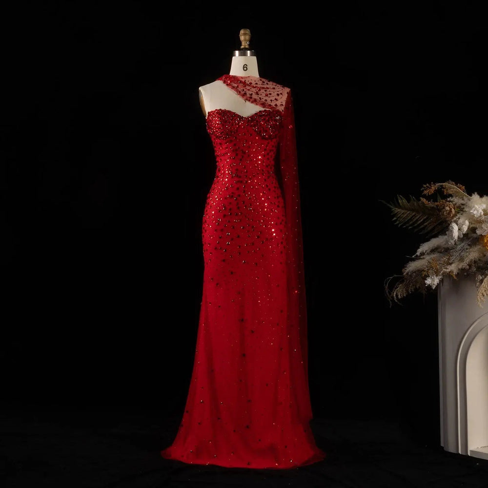Luxury Red One-Shoulder Beaded Evening Dress with Sheer Cape SS711-DreamyVow