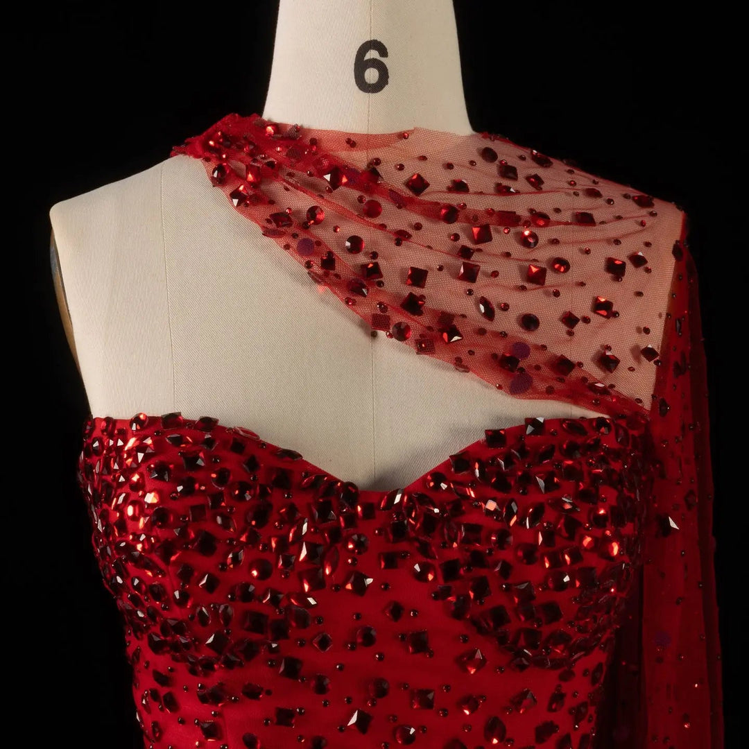 Luxury Red One-Shoulder Beaded Evening Dress with Sheer Cape SS711-DreamyVow