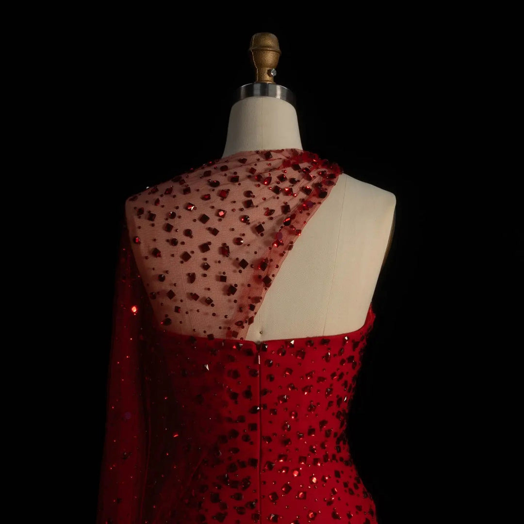 Luxury Red One-Shoulder Beaded Evening Dress with Sheer Cape SS711-DreamyVow