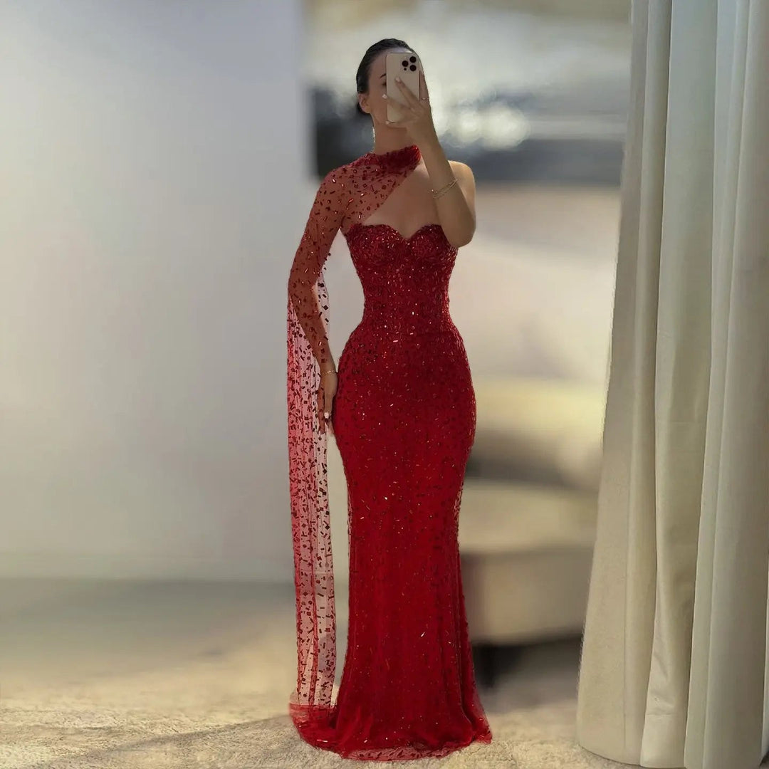 Luxury Red One-Shoulder Beaded Evening Dress with Sheer Cape SS711-DreamyVow