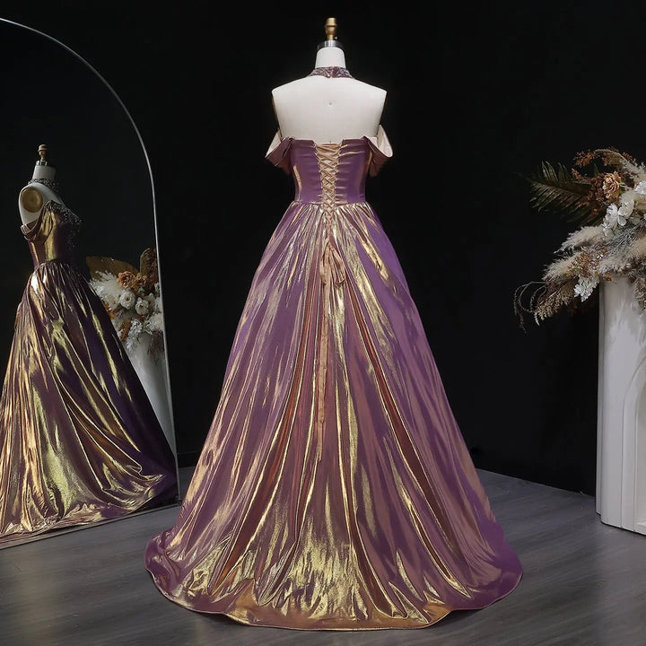 Luxury Rose Gold Gradient Satin Ball Gown Off Shoulder Evening Dress SS743-DreamyVow