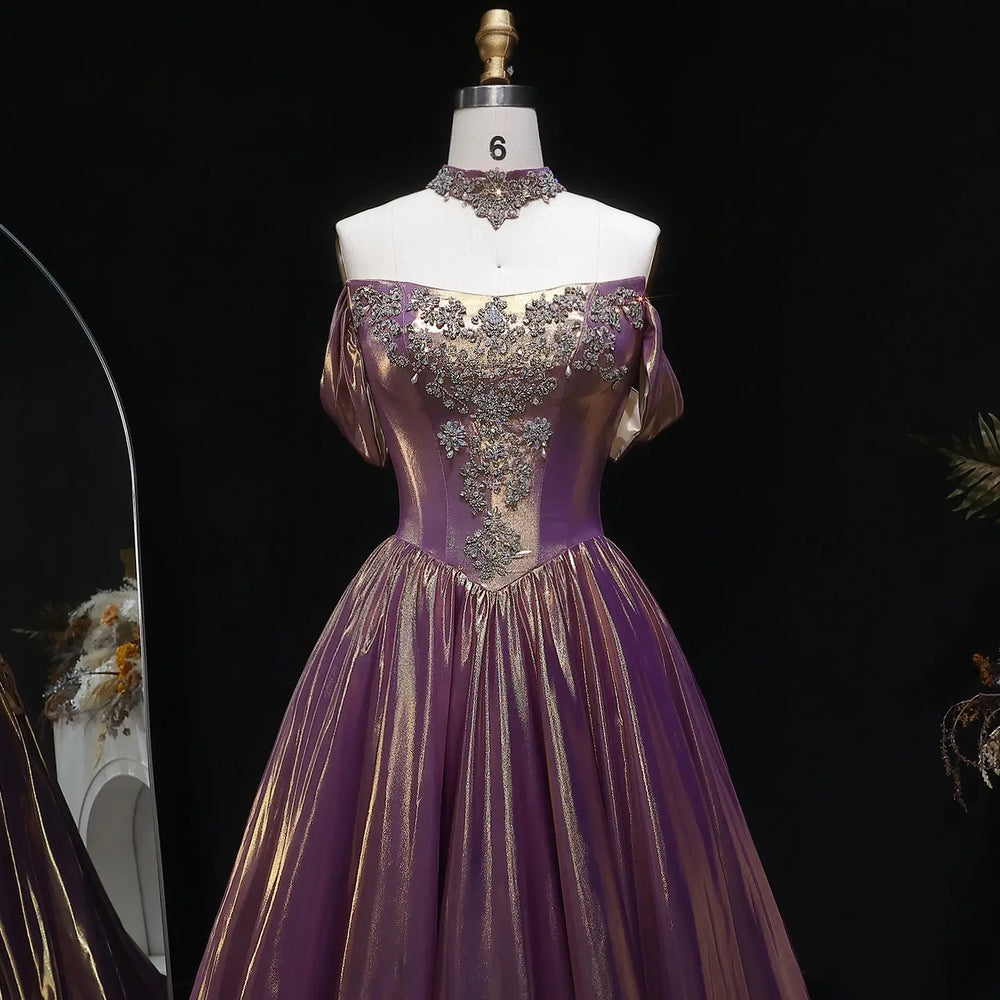 Luxury Rose Gold Gradient Satin Ball Gown Off Shoulder Evening Dress SS743-DreamyVow