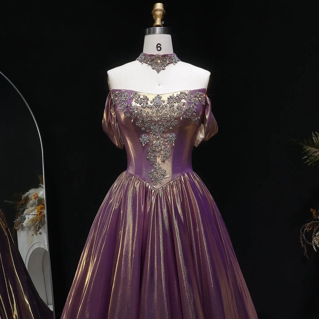 Luxury Rose Gold Gradient Satin Ball Gown Off Shoulder Evening Dress SS743-DreamyVow