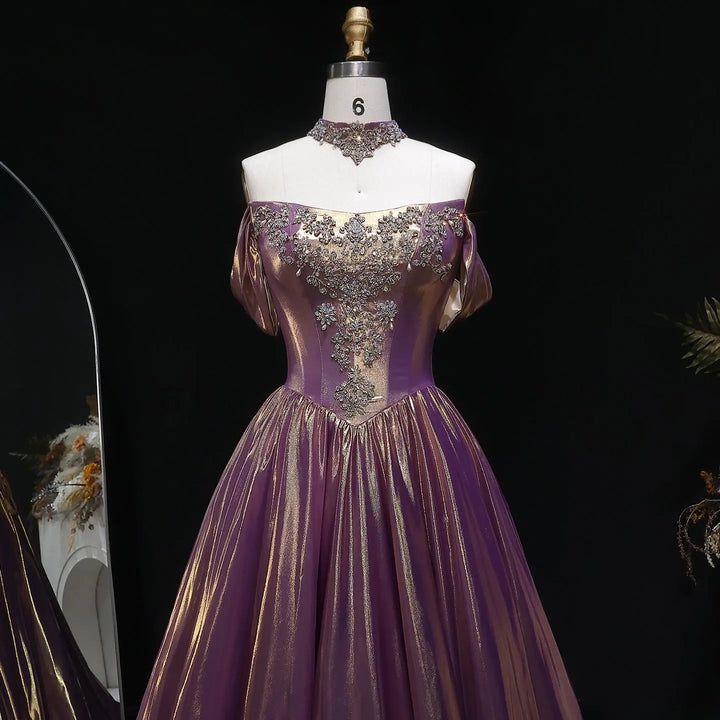 Luxury Rose Gold Gradient Satin Ball Gown Off Shoulder Evening Dress SS743-DreamyVow