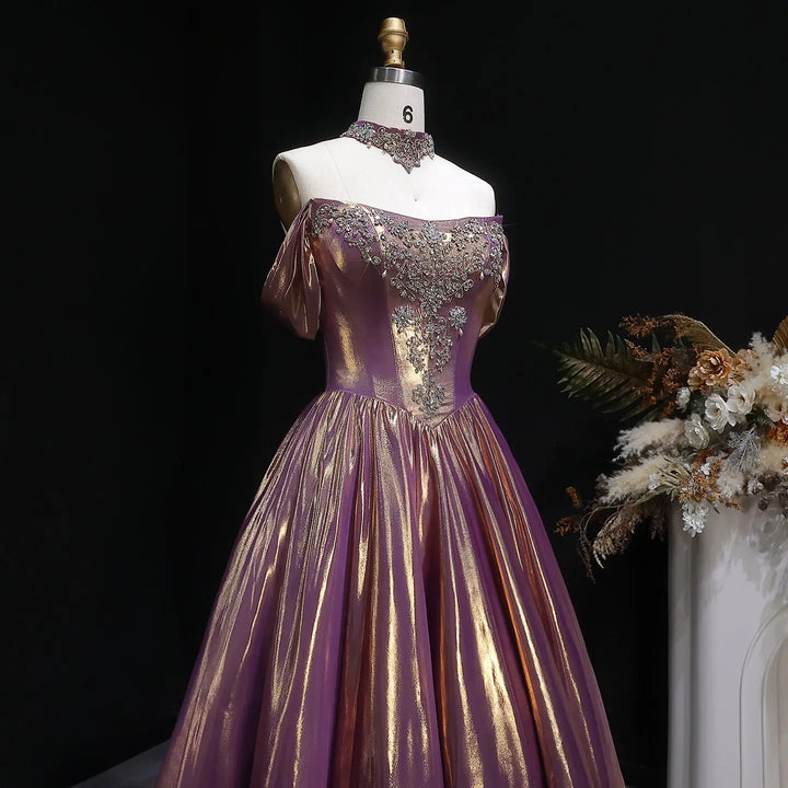 Luxury Rose Gold Gradient Satin Ball Gown Off Shoulder Evening Dress SS743-DreamyVow