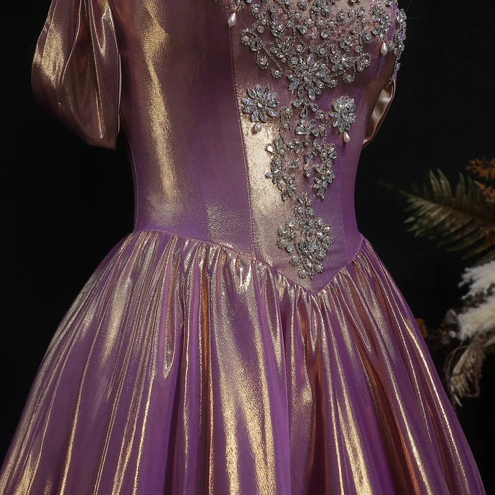 Luxury Rose Gold Gradient Satin Ball Gown Off Shoulder Evening Dress SS743-DreamyVow