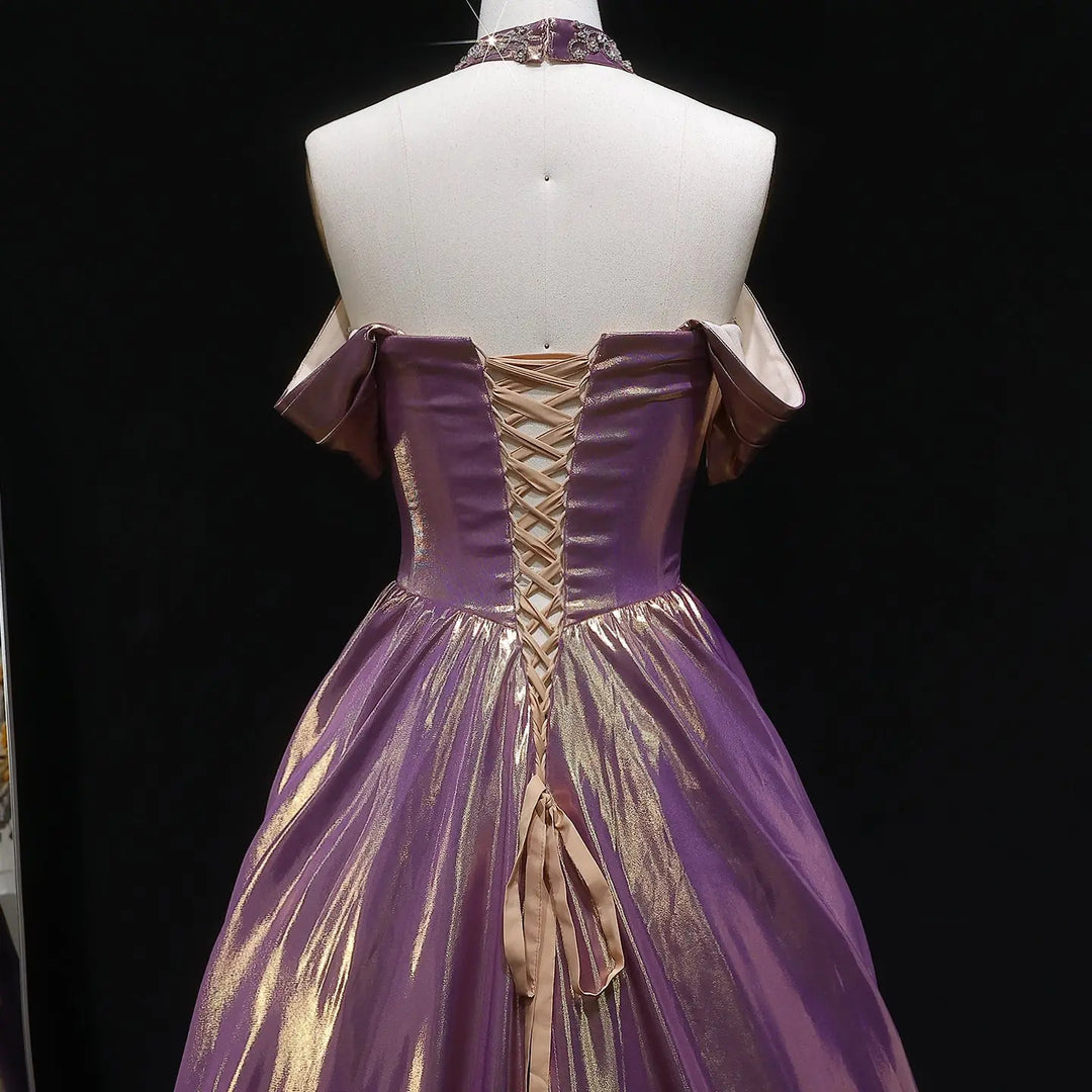 Luxury Rose Gold Gradient Satin Ball Gown Off Shoulder Evening Dress SS743-DreamyVow