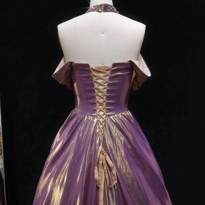 Luxury Rose Gold Gradient Satin Ball Gown Off Shoulder Evening Dress SS743-DreamyVow