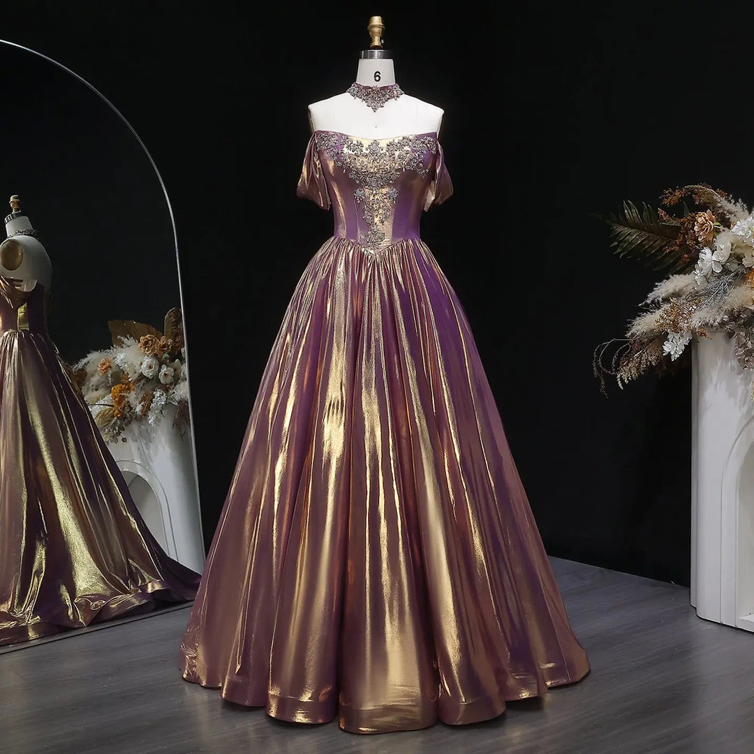 Luxury Rose Gold Gradient Satin Ball Gown Off Shoulder Evening Dress SS743-DreamyVow