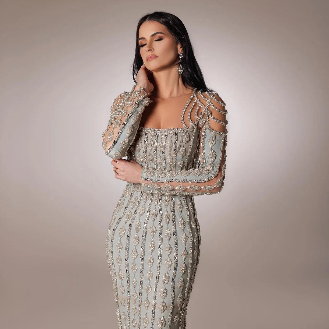 Luxury Sage Green Dubai Evening Dresses Mermaid Muslim Long Sleeves SS398