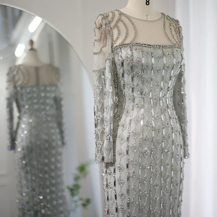 Luxury Sage Green Dubai Evening Dresses Mermaid Muslim Long Sleeves SS398