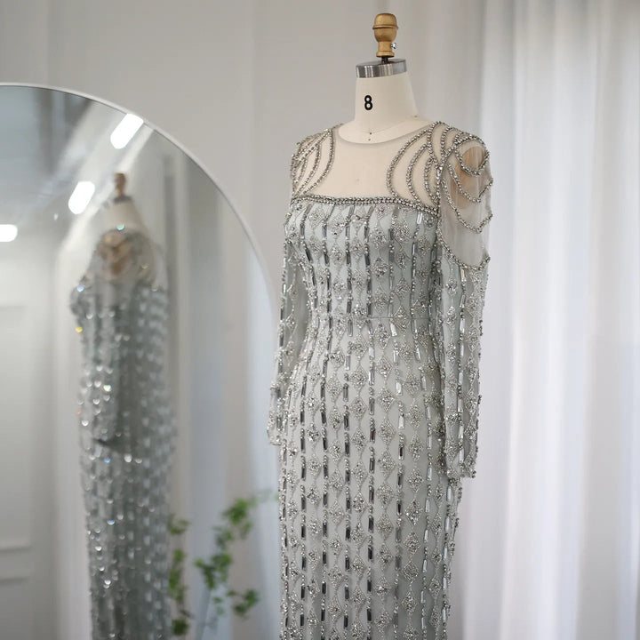 Luxury Sage Green Dubai Evening Dresses Mermaid Muslim Long Sleeves SS398