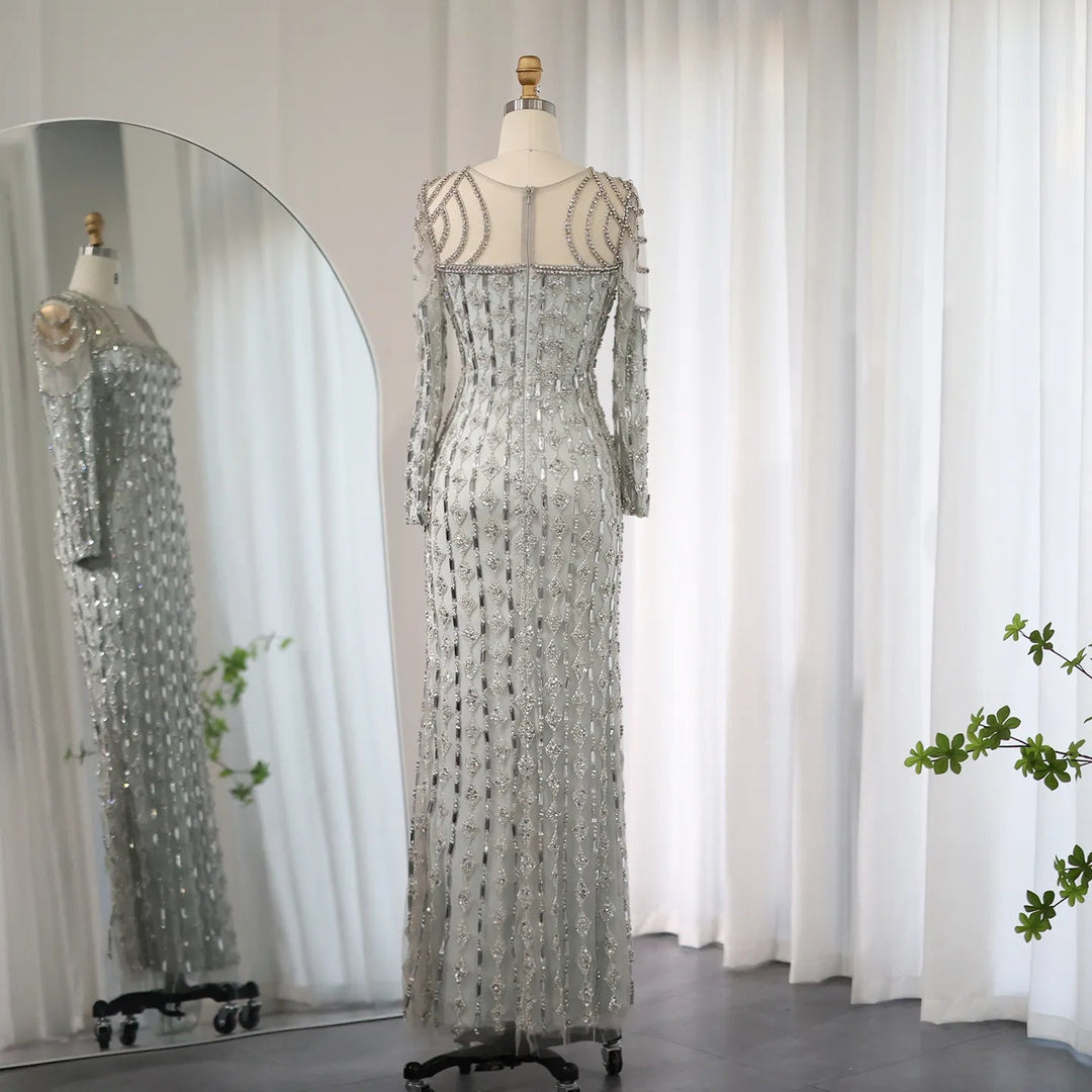 Luxury Sage Green Dubai Evening Dresses Mermaid Muslim Long Sleeves SS398