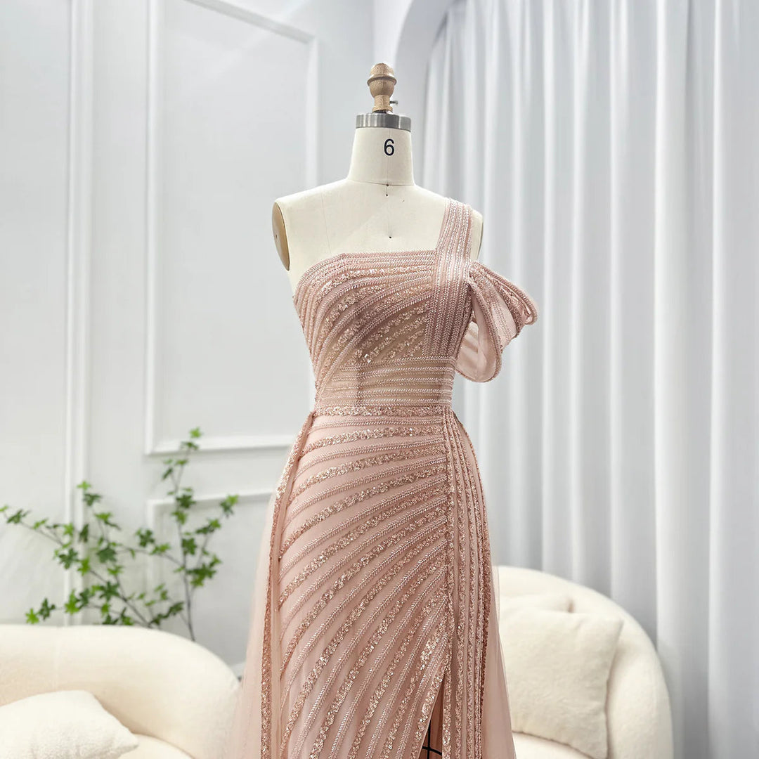 Luxury Sage Green Evening Dress One Shoulder Wedding Party Gowns SS016