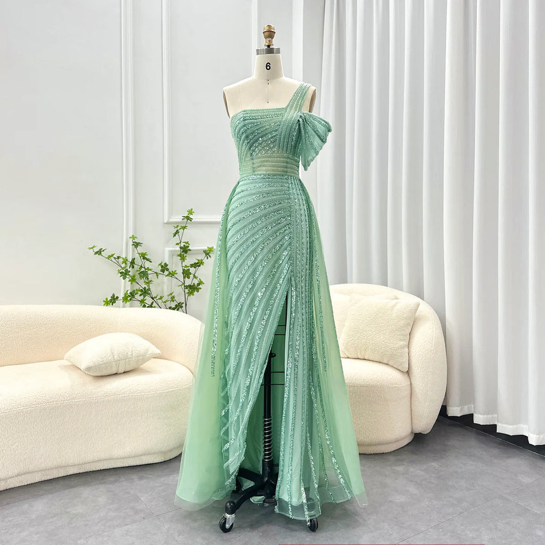 Luxury Sage Green Evening Dress One Shoulder Wedding Party Gowns SS016 DreamyVow Luxury Sage Green Evening Dress One Shoulder Wedding Party Gowns SS016 DreamyVow