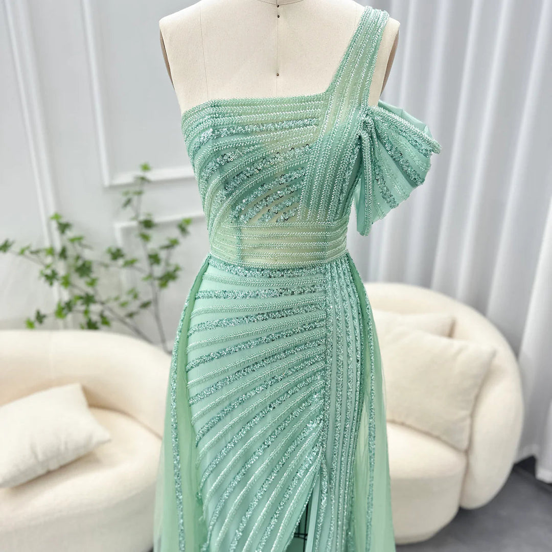 Luxury Sage Green Evening Dress One Shoulder Wedding Party Gowns SS016