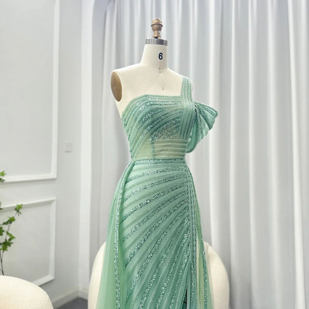 Luxury Sage Green Evening Dress One Shoulder Wedding Party Gowns SS016