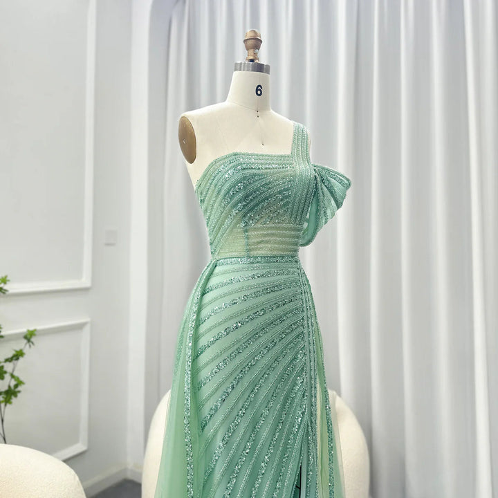 Luxury Sage Green Evening Dress One Shoulder Wedding Party Gowns SS016