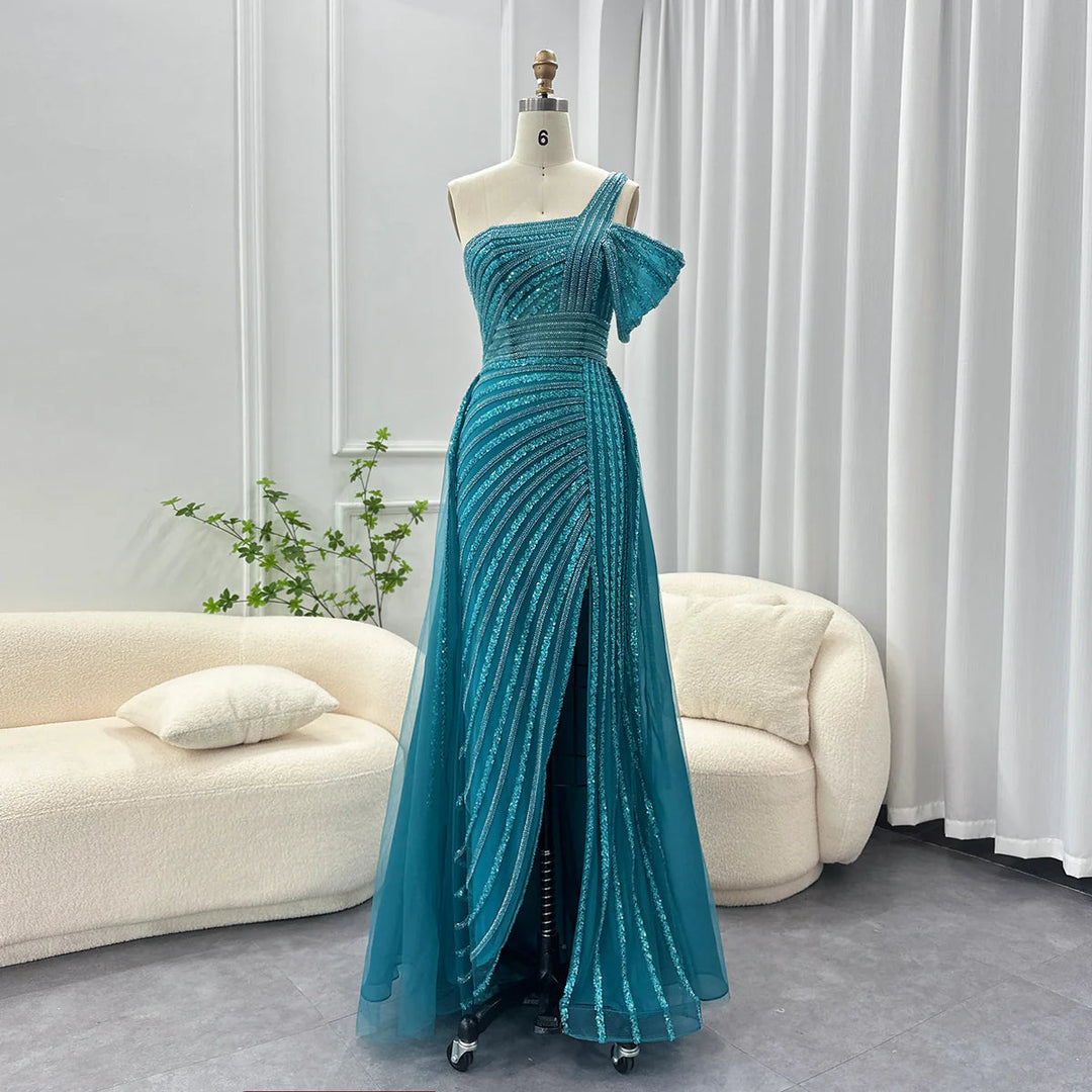Luxury Sage Green Evening Dress One Shoulder Wedding Party Gowns SS016