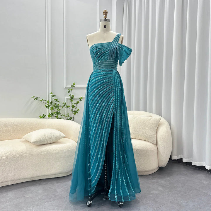 Luxury Sage Green Evening Dress One Shoulder Wedding Party Gowns SS016