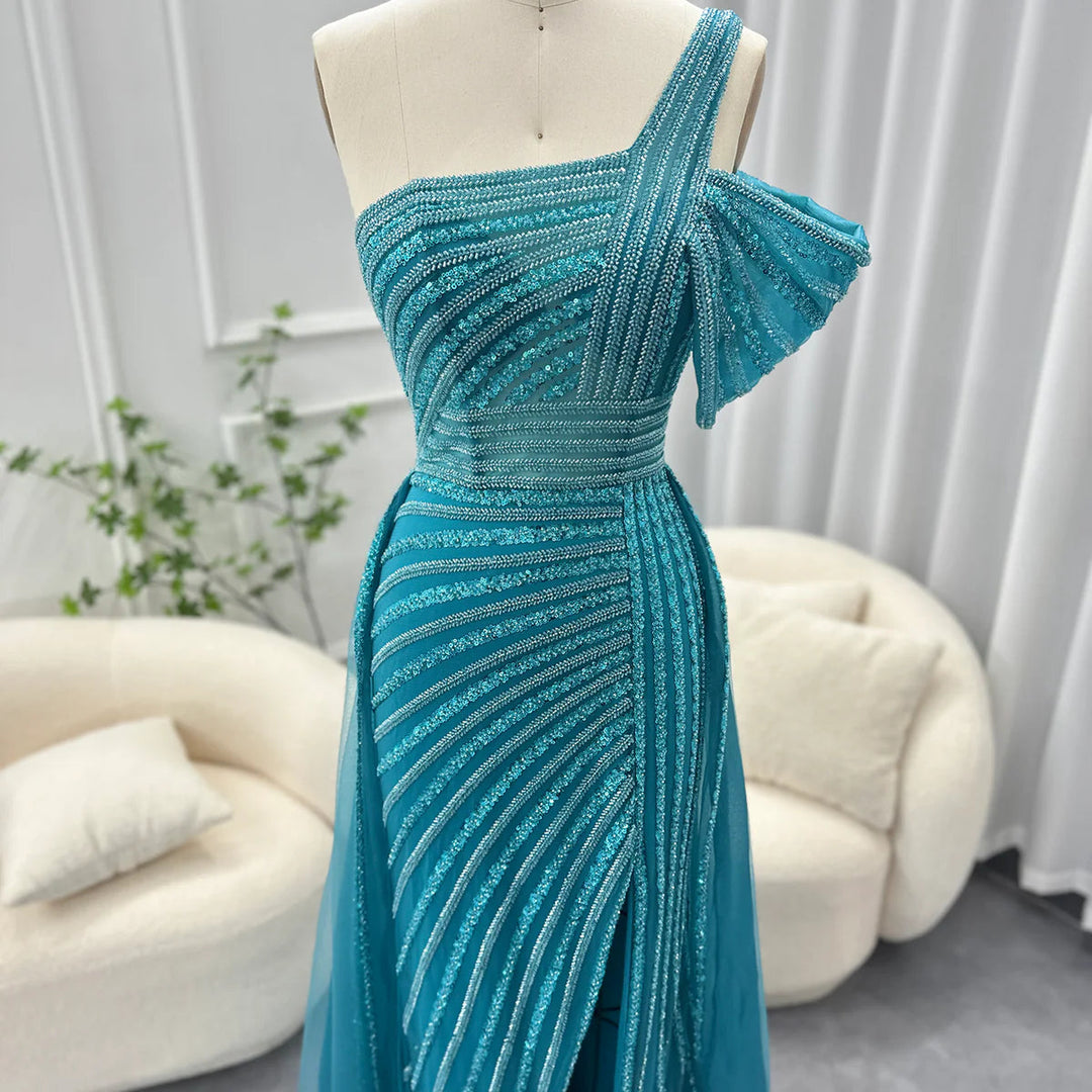 Luxury Sage Green Evening Dress One Shoulder Wedding Party Gowns SS016