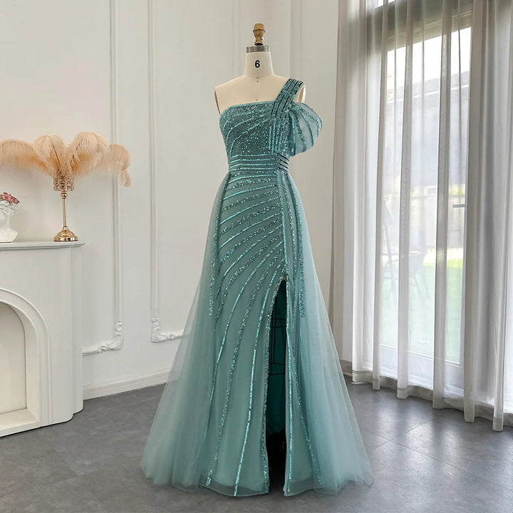 Luxury Sage Green Evening Dress One Shoulder Wedding Party Gowns SS016