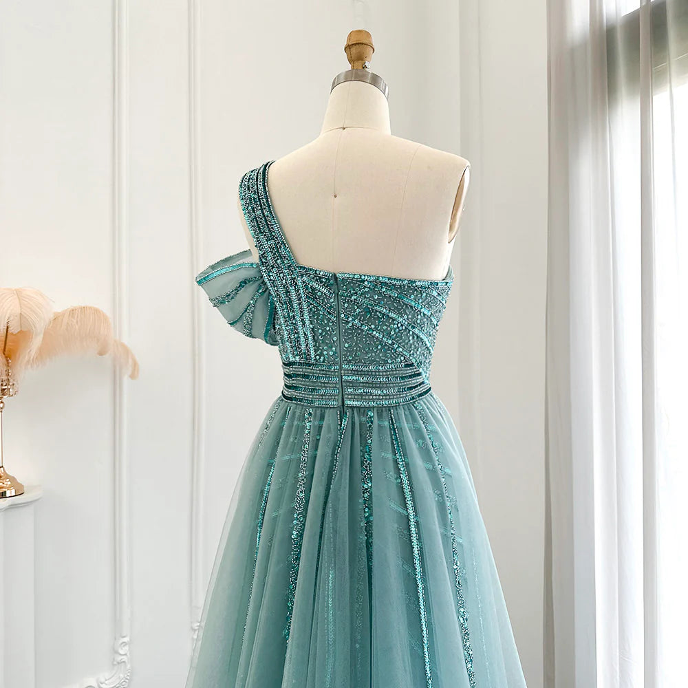 Luxury Sage Green Evening Dress One Shoulder Wedding Party Gowns SS016