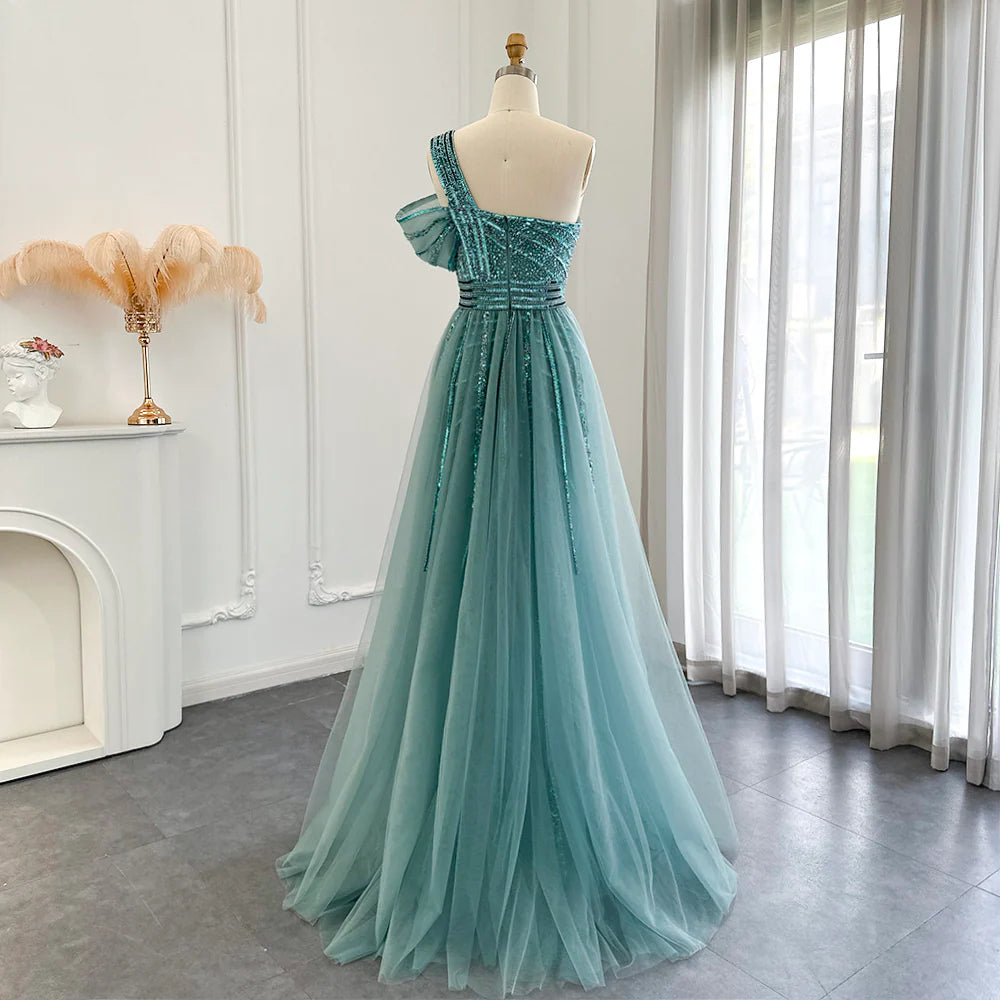Luxury Sage Green Evening Dress One Shoulder Wedding Party Gowns SS016